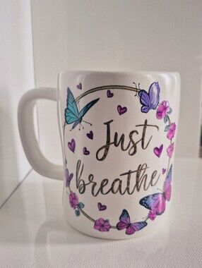 'Just Breathe' Butterfly Custom Design Added Teal Accents Rae Dunn Ceramic Mug
